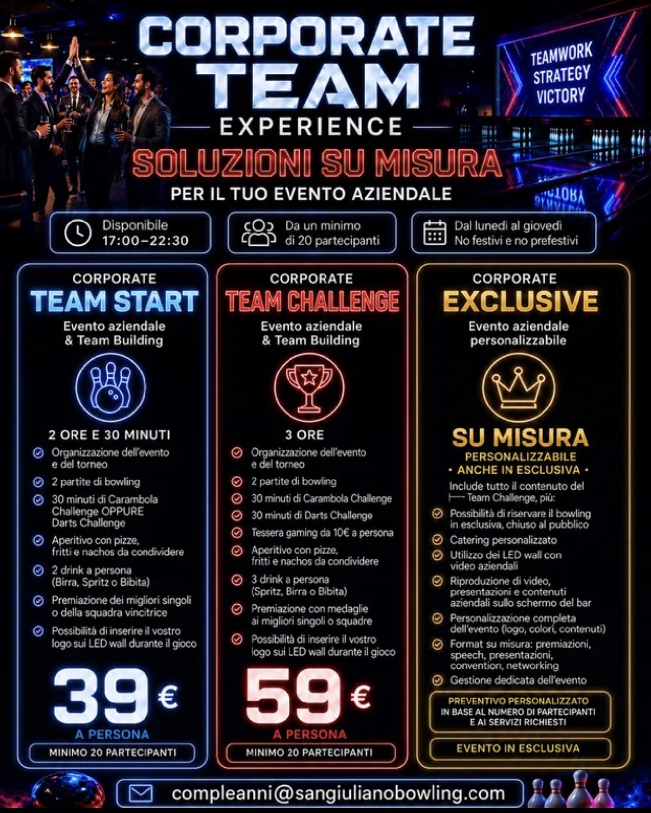 Volantino Corporate Team Experience con i pacchetti Team Start, Team Challenge ed Exclusive